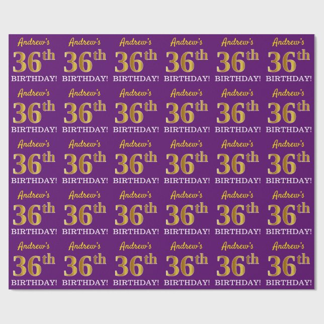 Papier Cadeau Purple, Imitation Gold Look "36ème anniversaire" (Plat)