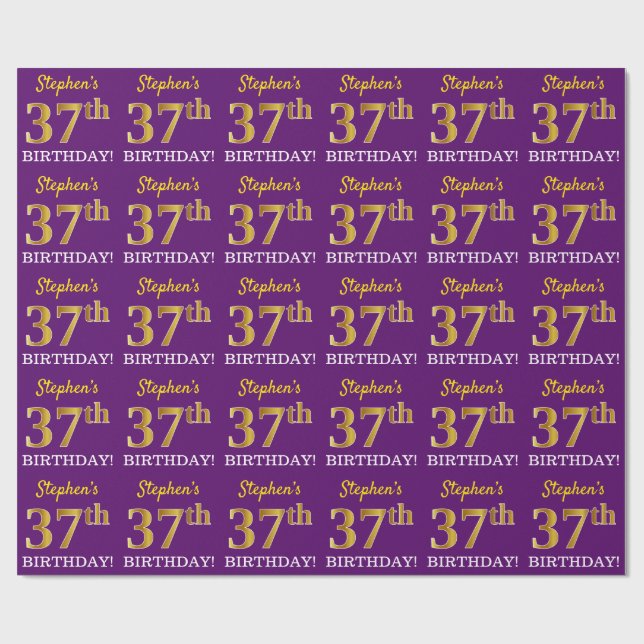 Papier Cadeau Purple, Imitation Gold Look "37ème anniversaire" (Plat)