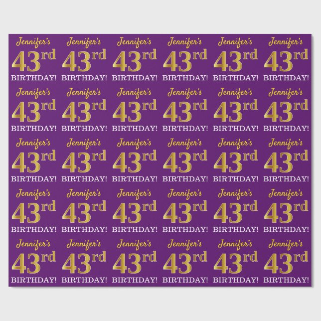 Papier Cadeau Purple, Imitation Gold Look "43ème anniversaire" (Plat)