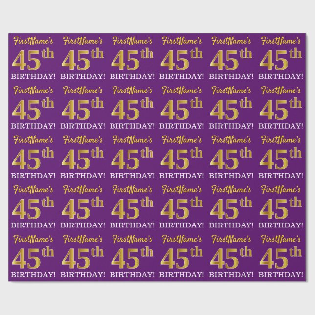 Papier Cadeau Purple, Imitation Gold Look "45ème anniversaire" (Plat)