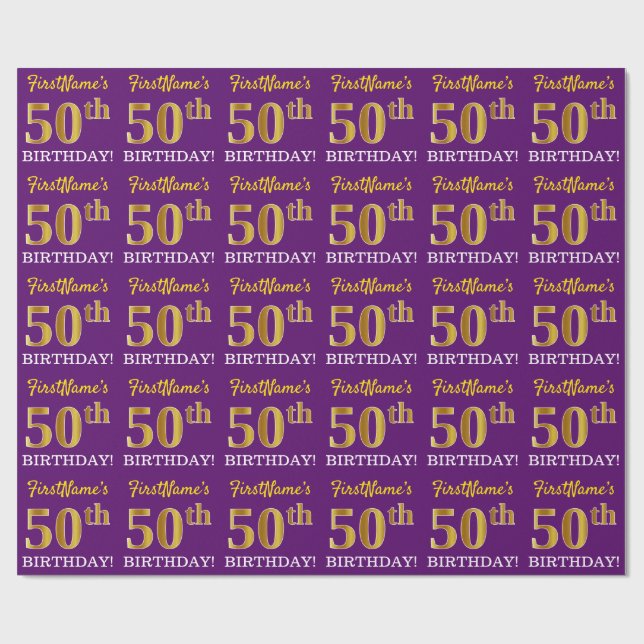 Papier Cadeau Purple, Imitation Gold Look "50ème anniversaire" (Plat)