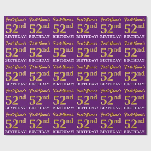 Papier Cadeau Purple, Imitation Gold Look "52e anniversaire" (Plat)