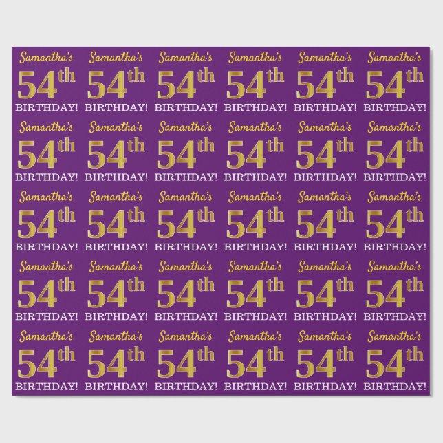 Papier Cadeau Purple, Imitation Gold Look "54e anniversaire" (Plat)