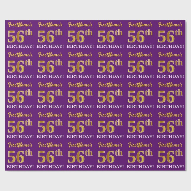 Papier Cadeau Purple, Imitation Gold Look "56ème anniversaire" (Plat)