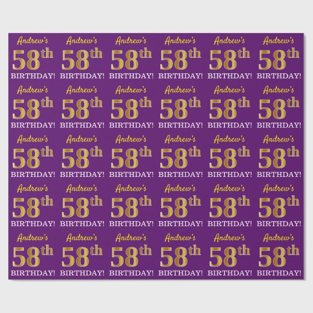 Papier Cadeau Purple, Imitation Gold Look "58ème anniversaire" (Plat)