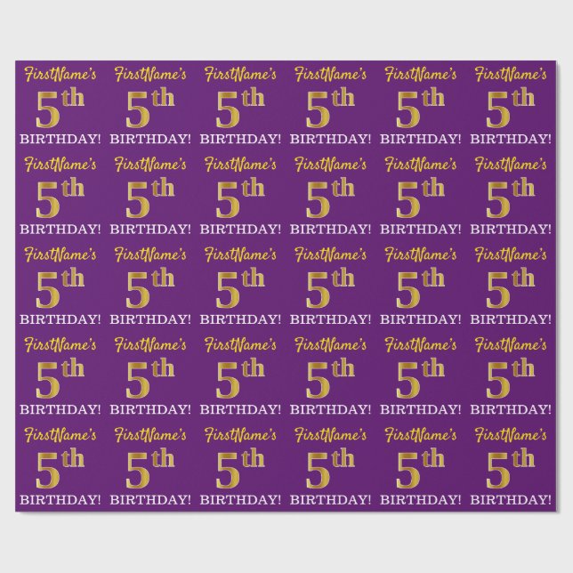 Papier Cadeau Purple, Imitation Gold Look "5e anniversaire" (Plat)