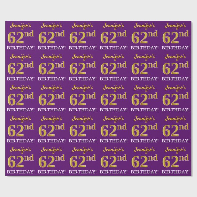 Papier Cadeau Purple, Imitation Gold Look "62e anniversaire" (Plat)
