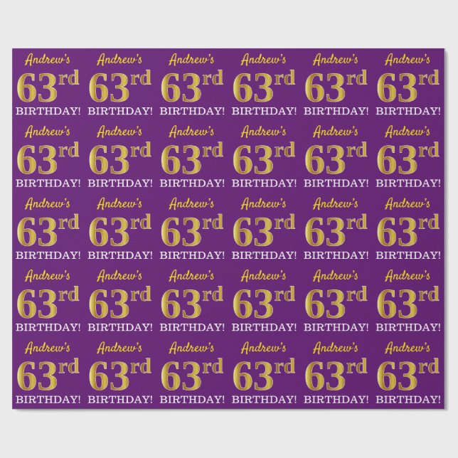 Papier Cadeau Purple, Imitation Gold Look "63ème anniversaire" (Plat)
