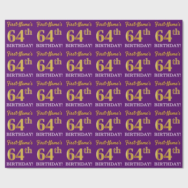 Papier Cadeau Purple, Imitation Gold Look "64ème anniversaire" (Plat)
