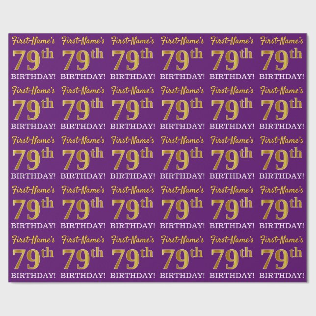 Papier Cadeau Purple, Imitation Gold Look "79ème anniversaire" (Plat)