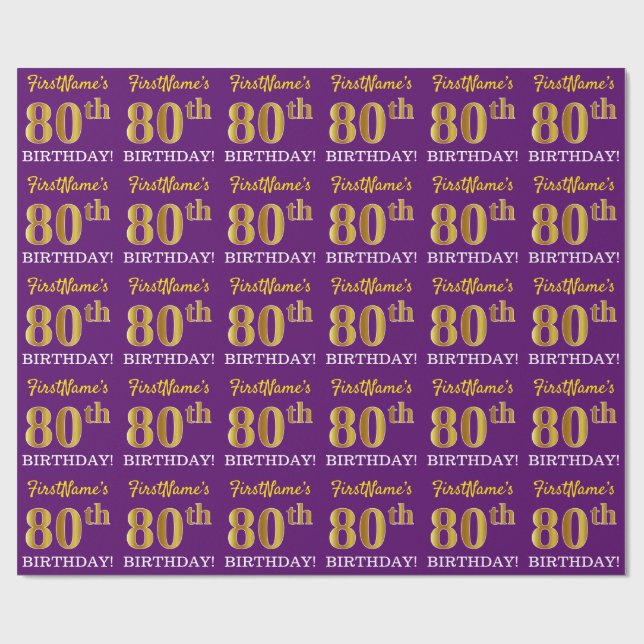 Papier Cadeau Purple, Imitation Gold Look "80ème anniversaire" (Plat)