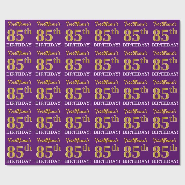 Papier Cadeau Purple, Imitation Gold Look "85ème anniversaire" (Plat)
