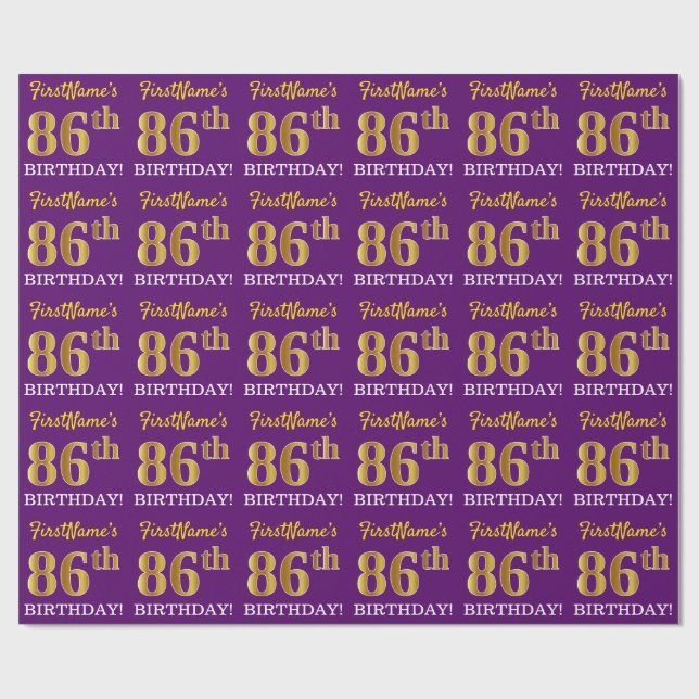 Papier Cadeau Purple, Imitation Gold Look "86ème anniversaire" (Plat)