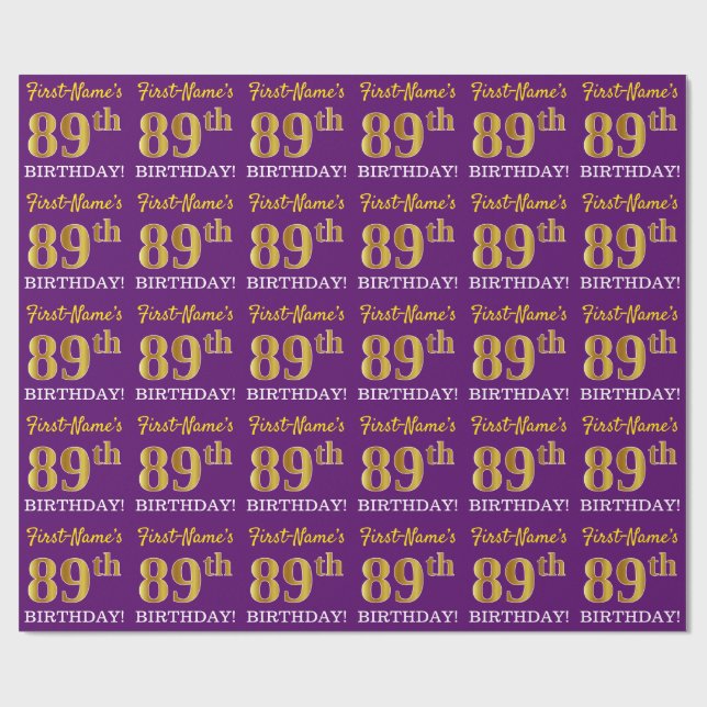 Papier Cadeau Purple, Imitation Gold Look "89ème anniversaire" (Plat)