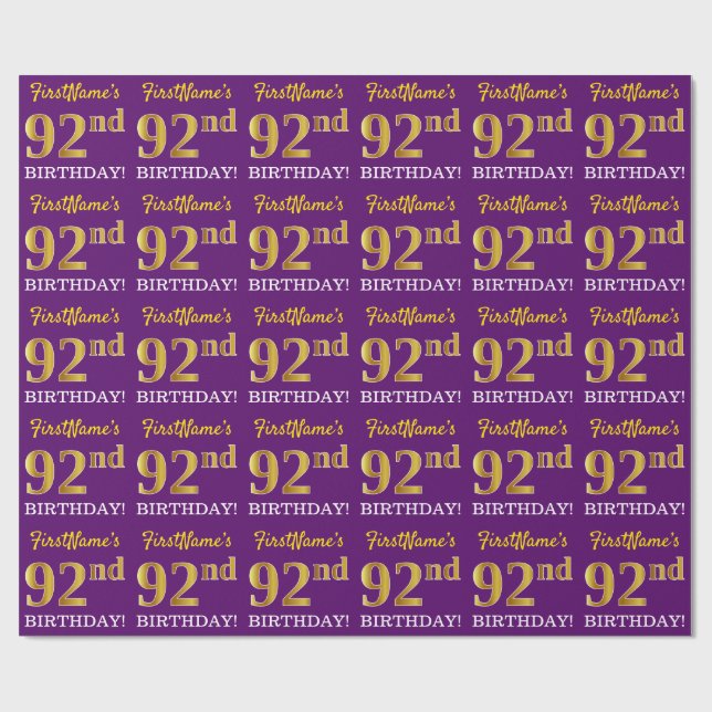 Papier Cadeau Purple, Imitation Gold Look "92e anniversaire" (Plat)