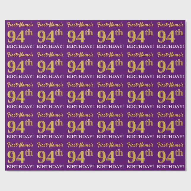 Papier Cadeau Purple, Imitation Gold Look "94ème anniversaire" (Plat)