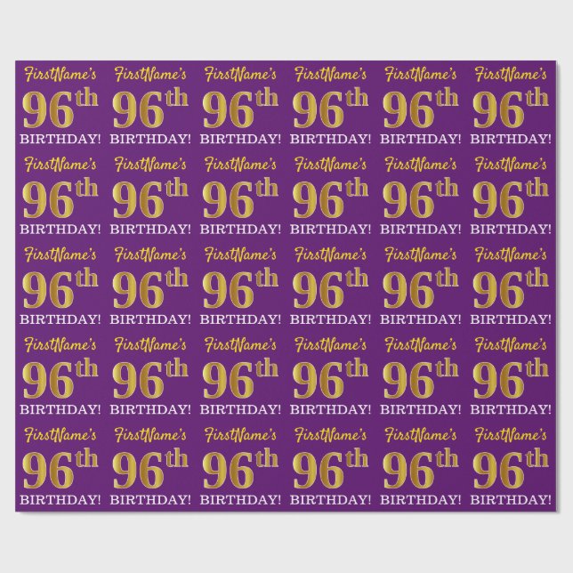 Papier Cadeau Purple, Imitation Gold Look "96ème anniversaire" (Plat)