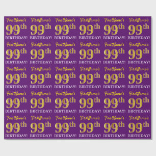Papier Cadeau Purple, Imitation Gold Look "99ème anniversaire"