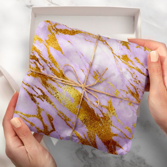 Papier Cadeau Purple Lily Gold Pastel Marbre blanc brillant (Purple Lily Gold Pastel White Marble Shiny Glam Wrapping Paper )