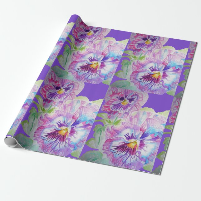 Papier Cadeau Purple Pansy fleurs florales Aquarelle (Déroulé)