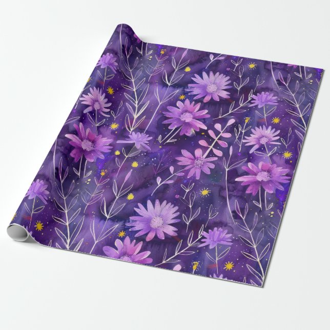 Papier Cadeau Purple rose et jaune marguerite motif floral (Déroulé)