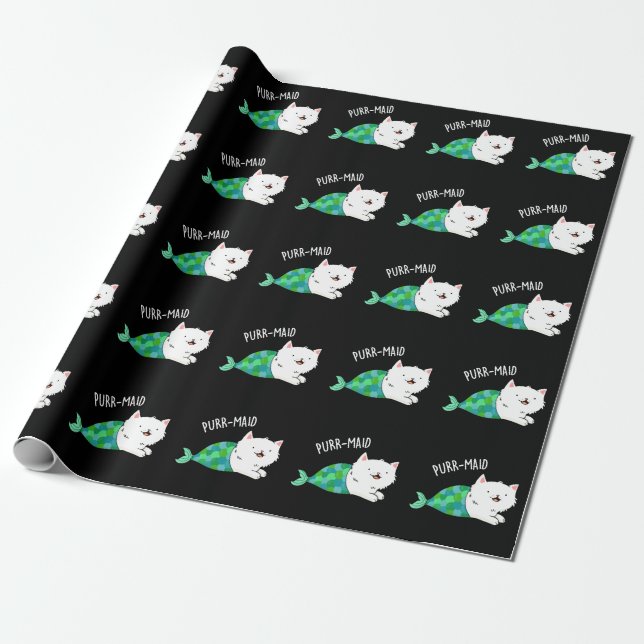 Papier Cadeau Purr-maid Funny Kitty Chat Mermaid Pun Dark BG (Déroulé)