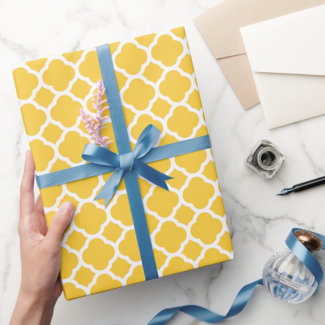 Papier Cadeau Quatrefoil moderne jaune et blanc (Cadeaux)