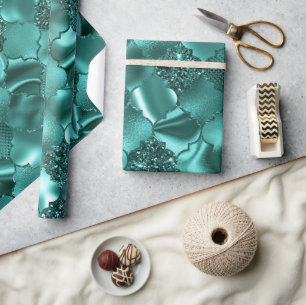 Papier Cadeau Quatrefoil pailleté et feuille de style sarcelle s