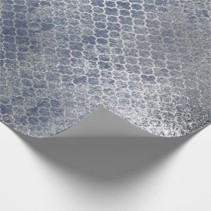 Papier Cadeau Quatrefoil Silver Glam Bleu Distressed Argent