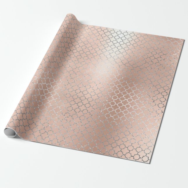 Papier Cadeau Quatrefoil Silver Glam Rose Or Art Déco (Déroulé)