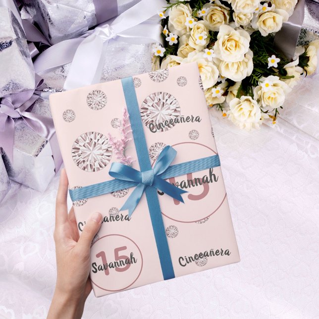 Papier Cadeau Quinceanera 15e anniversaire rose or diamants rose (Créateur téléchargé)