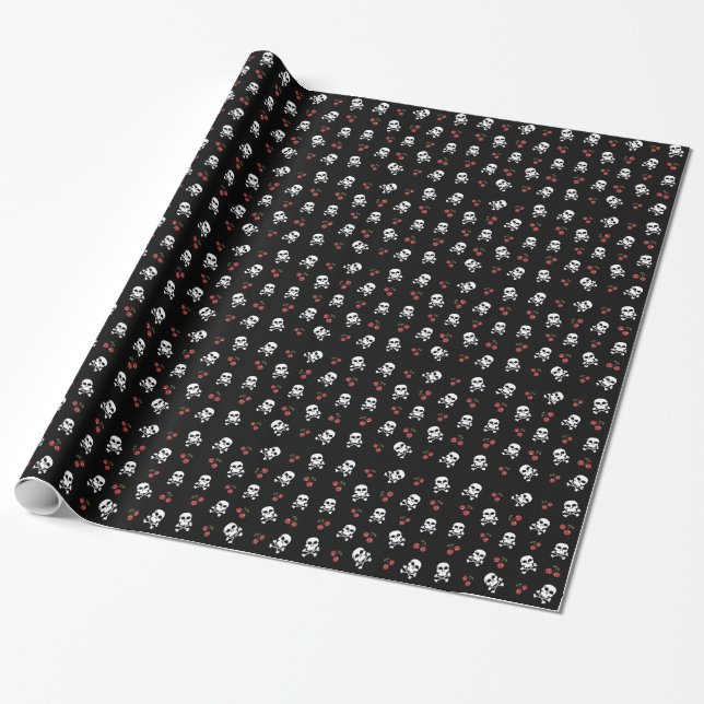 Papier Cadeau RAB Rockabilly Skuls et Cerises sur Noir (Déroulé)