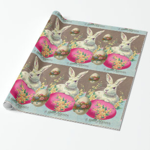 PAPIER CADEAU RABIT BLANC AVEC OEUF DE PÂQUES ET FLEURS DE PRINT
