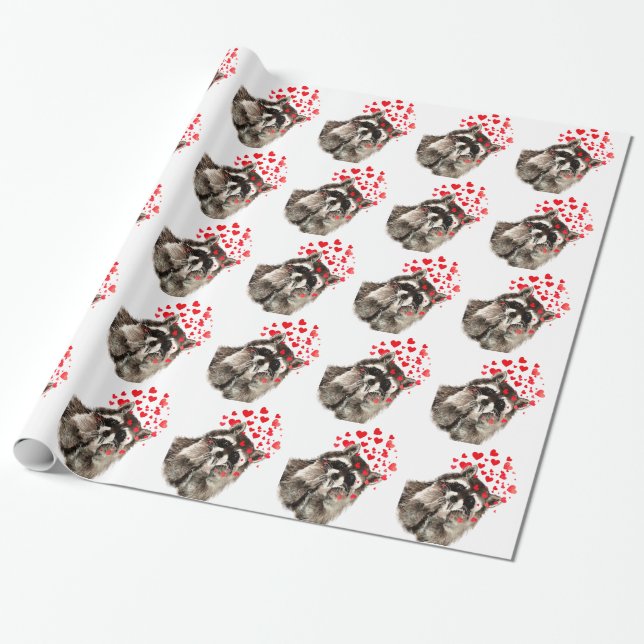 Papier Cadeau Raccoon soufflant des baisers aquarelle (Déroulé)