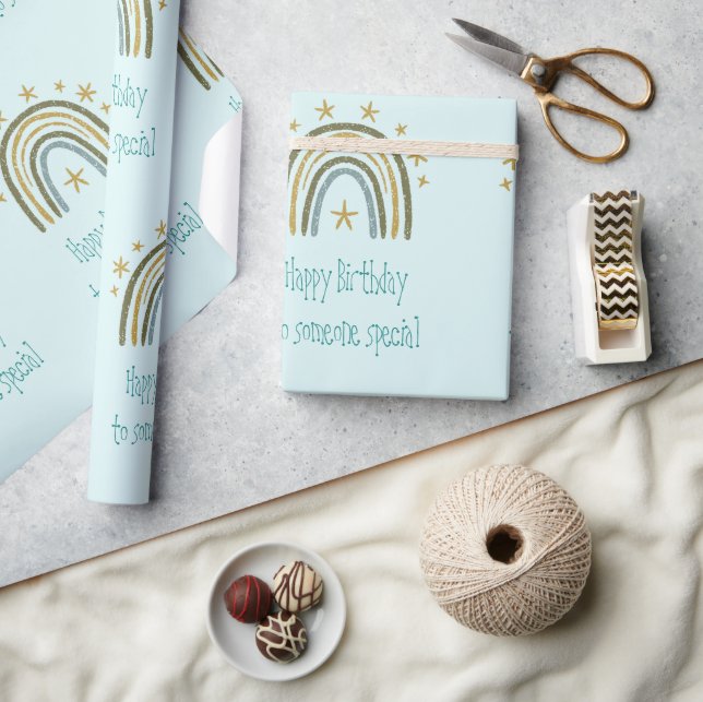 Papier Cadeau Rainbow Blue Gold Joyeux anniversaire Quelqu'un sp (Artisanat)