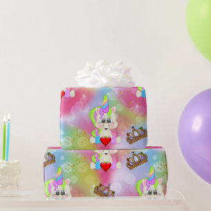 Papier Cadeau Rainbow Bokeh Unicorns et Couronnes