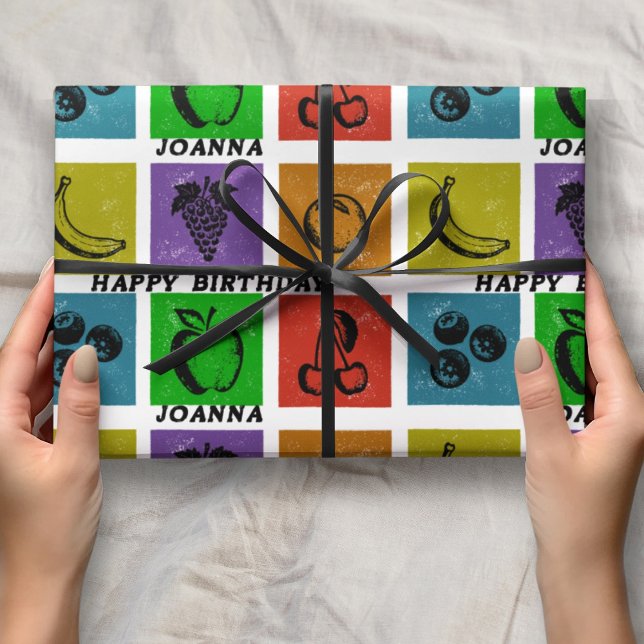 Papier Cadeau Rainbow Checker Fruit Stamps Happy Birthday Name  (Créateur téléchargé)