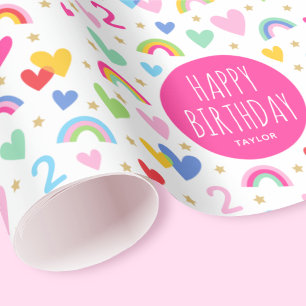 Papier Cadeau Rainbow Hearts 2e anniversaire Nom personnalisé ro