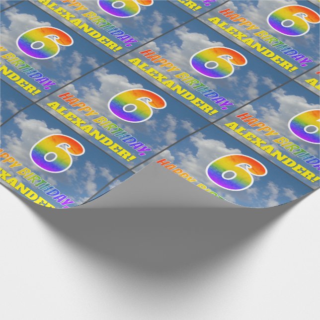 Papier Cadeau Rainbow Look "6" & "HEUREUX ANNIVERSAIRE", Nuages, (Coin)