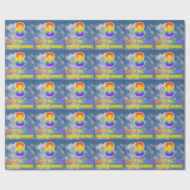 Papier Cadeau Rainbow Look "8" & "HEUREUX ANNIVERSAIRE", Nuages, (Plat)