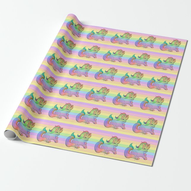 Papier Cadeau Rainbow Unicorn Pastel strié (Déroulé)