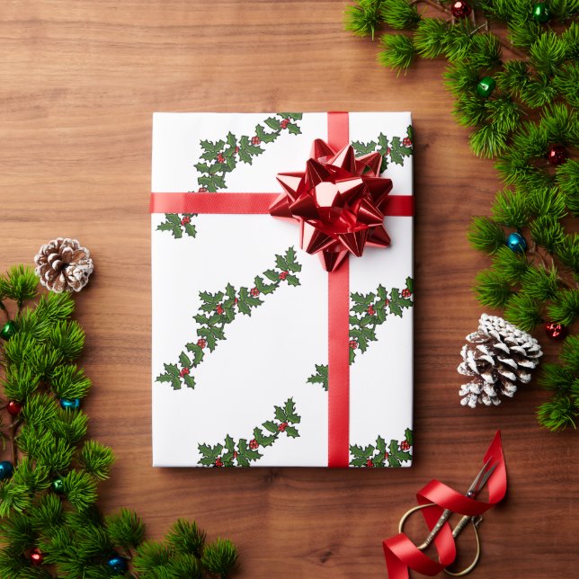 Papier Cadeau Rameaux de Noël de houx rouge vert blanc (Cadeau de vacances)