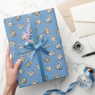 Papier Cadeau Raton laveurs à l'aquarelle sur fond bleu