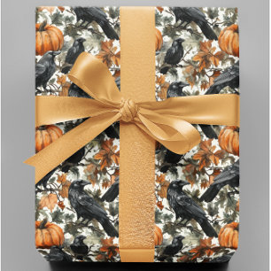 Papier Cadeau Raven Halloween Citrouilles Aquarelle Automne