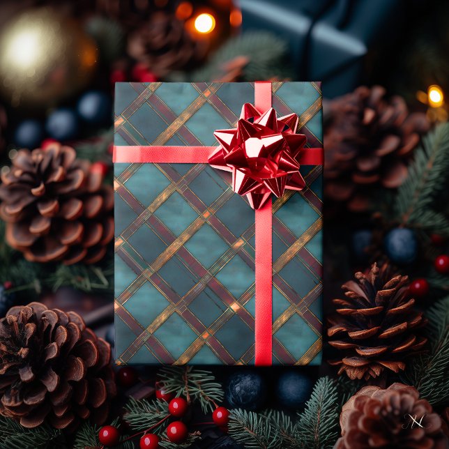 Papier Cadeau Rayé croisé sarcelle et marron – Élégant rustique  (Créateur téléchargé)