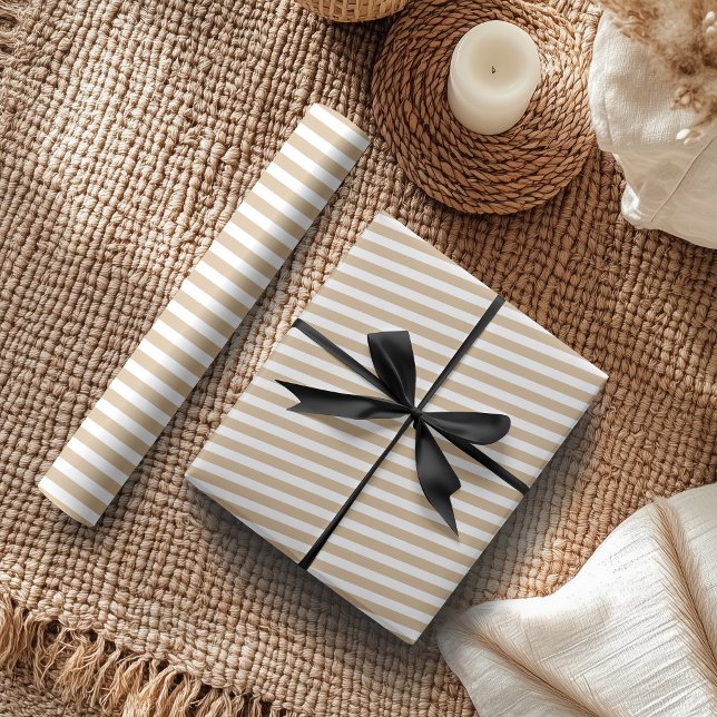 Papier Cadeau Rayé horizontal simple blanc et beige (Créateur téléchargé)