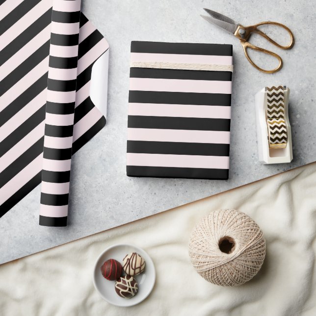 Papier Cadeau Rayé Moderne Fêtes de Noël Rose & Noir (Artisanat)