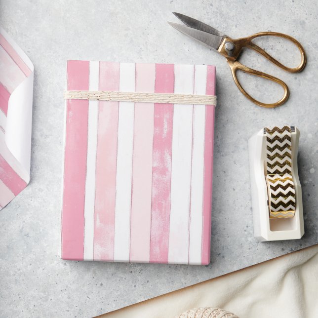 Papier Cadeau Rayure aquarelle rose (Pink Watercolor Stripe Wrapping Paper)