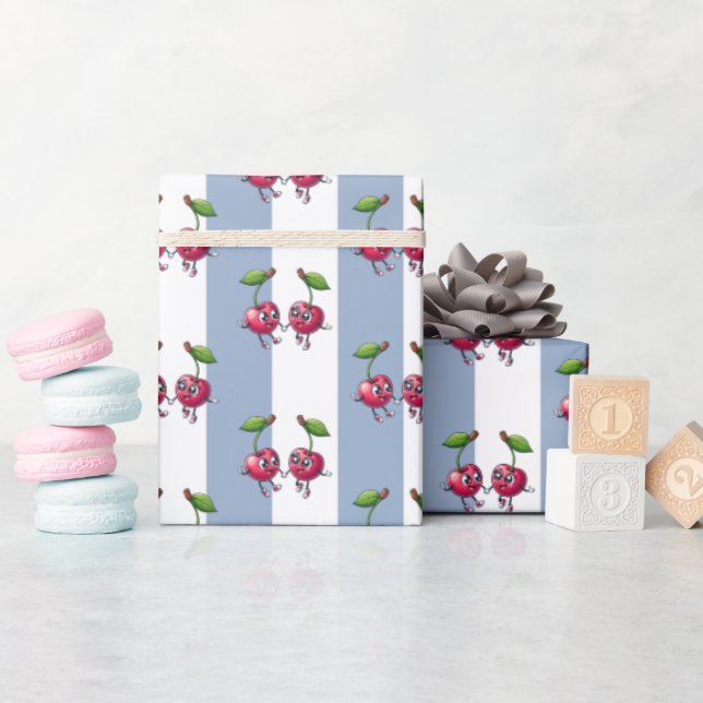 Papier Cadeau Rayure Bleue et Blanche Cerises (Baby Shower)