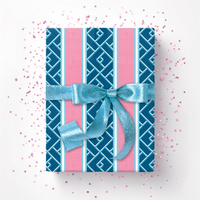 Papier Cadeau Rayure Chippendale en rose et bleu aqua profond (Créateur téléchargé)